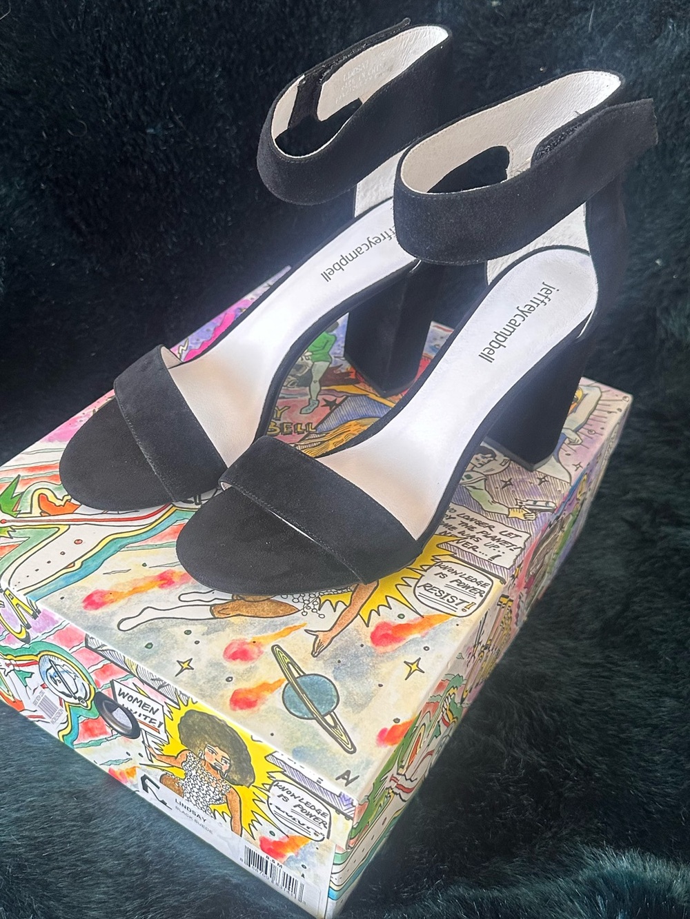 Jeffrey Campbell Black Suede Block Heel Sandals with Ankle Strap